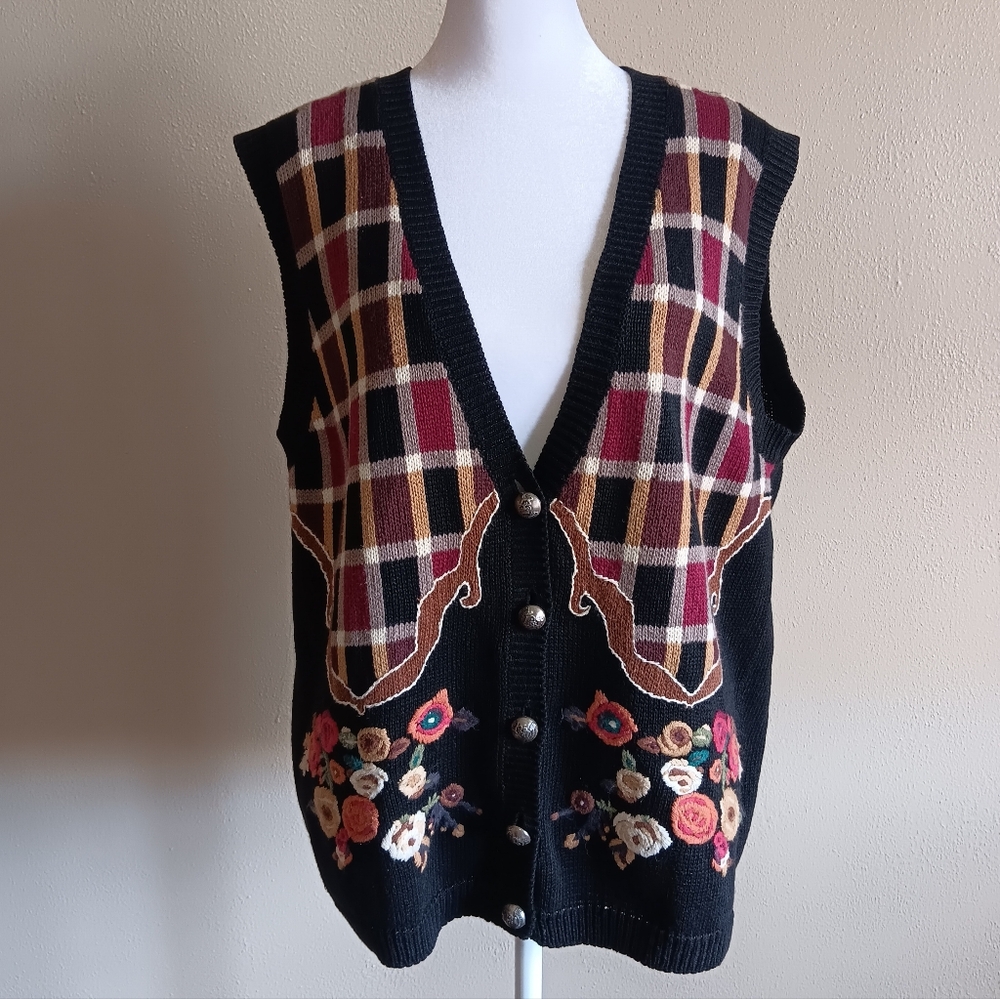 Vintage Dark Cottage Floral Embroidery Knit Sweater Vest Cardigan Lucia Large